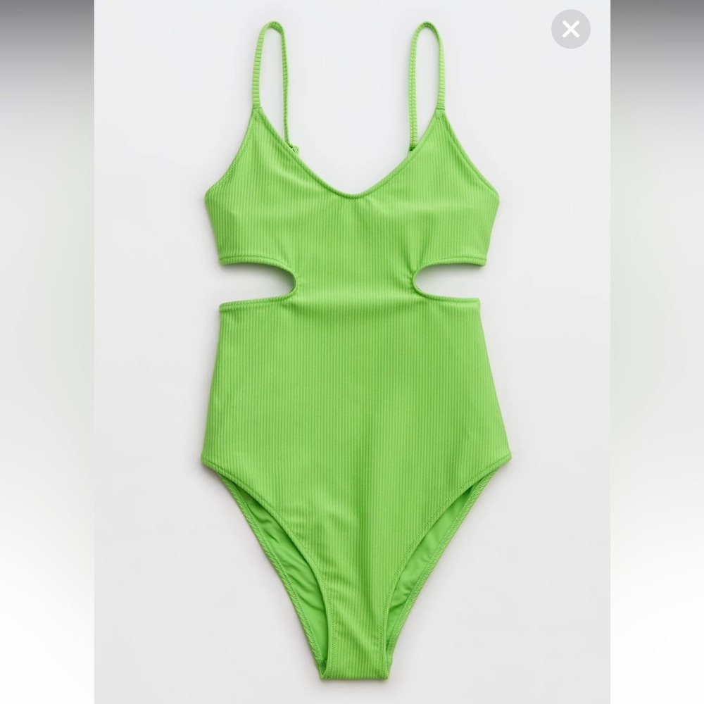 Aerie Lime Green Shine Rib Voop Cheeky‎ One Piece Swimsuit Sz Medium SPF 50 - Picture 5 of 8